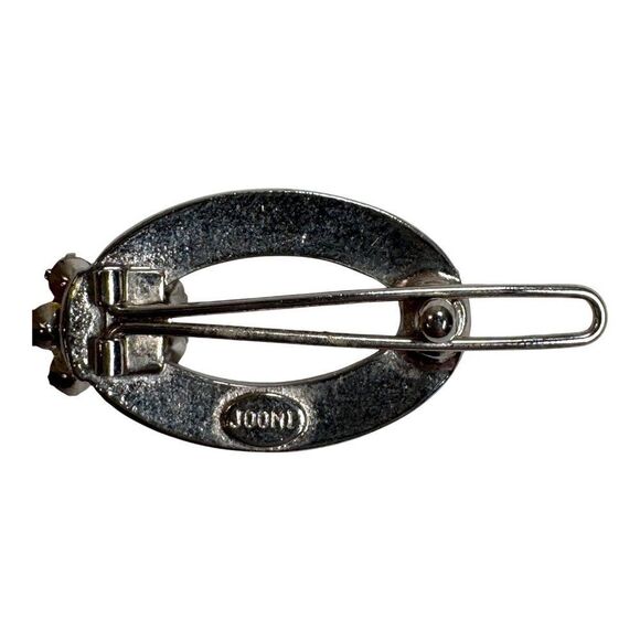 Vintage Joomi Signed Oval Hair Clip Rhinestones & Floral Accent Silver Tone 1.5" - Picture 2 of 5